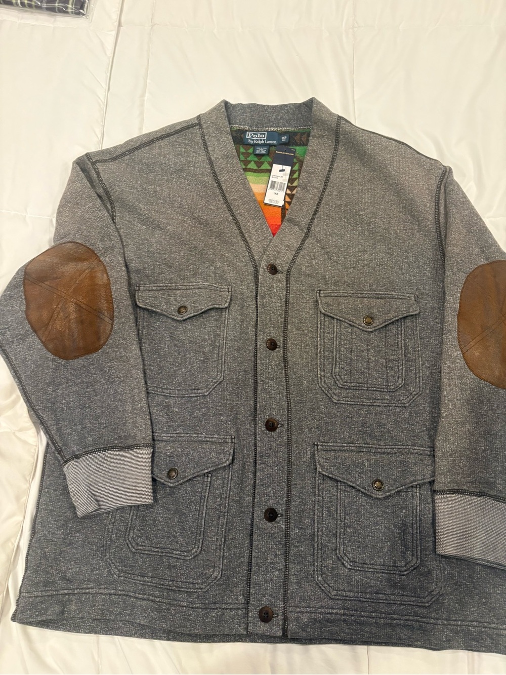 Ralph Lauren Gray Knit Cardigan Jacket with Brown Elbow Patches